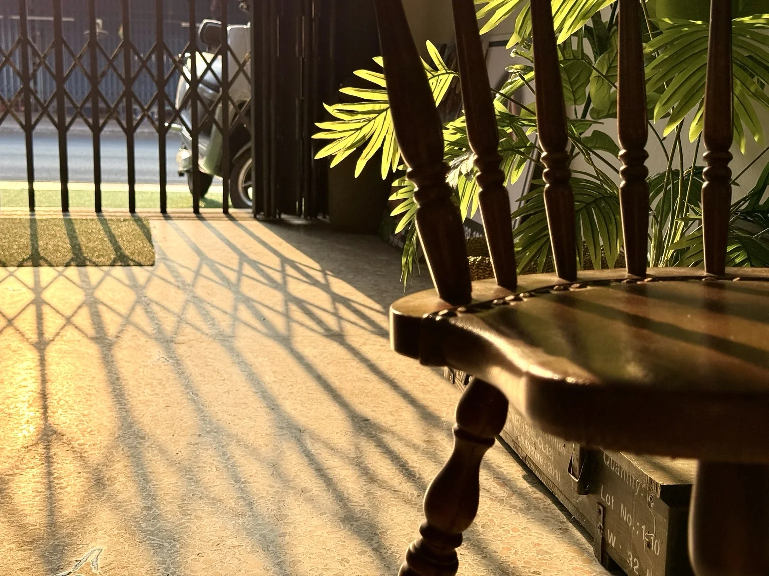 Hostel lounge with warm evening light